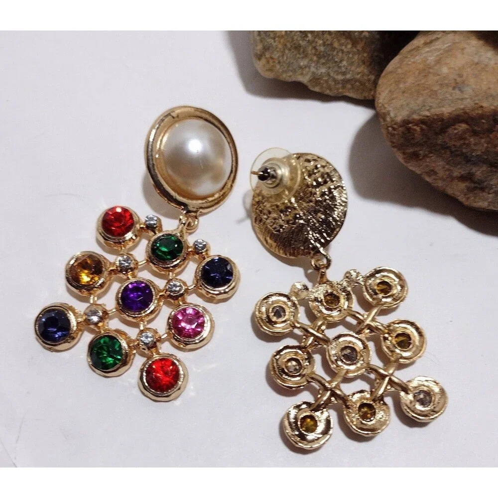 BIG Vintage 90s Color Block Pearl Gold tone Statement Earrings